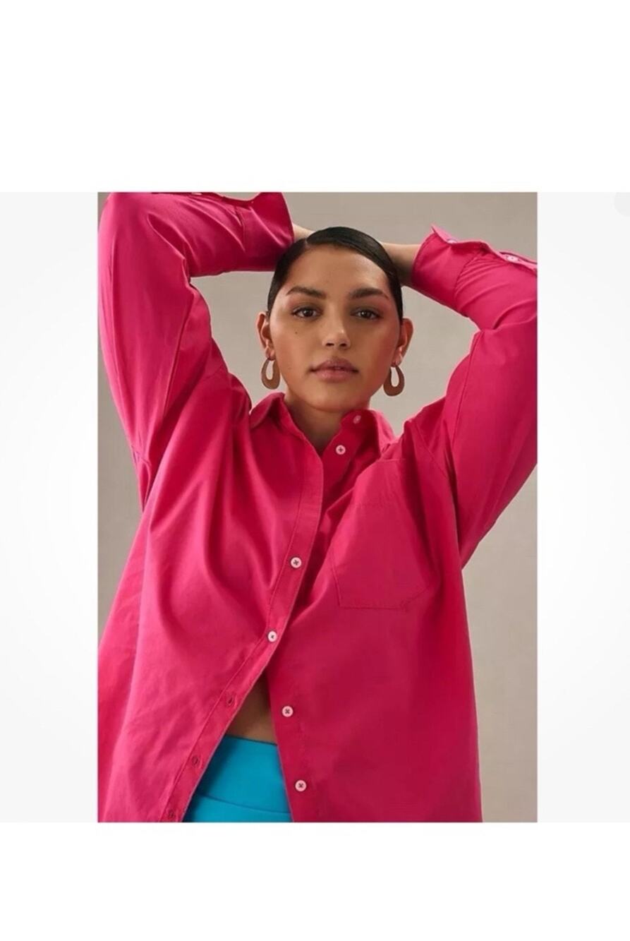 Anthropologie Maeve Bennet Oversized Pink Cotton Button Down Shirt XS